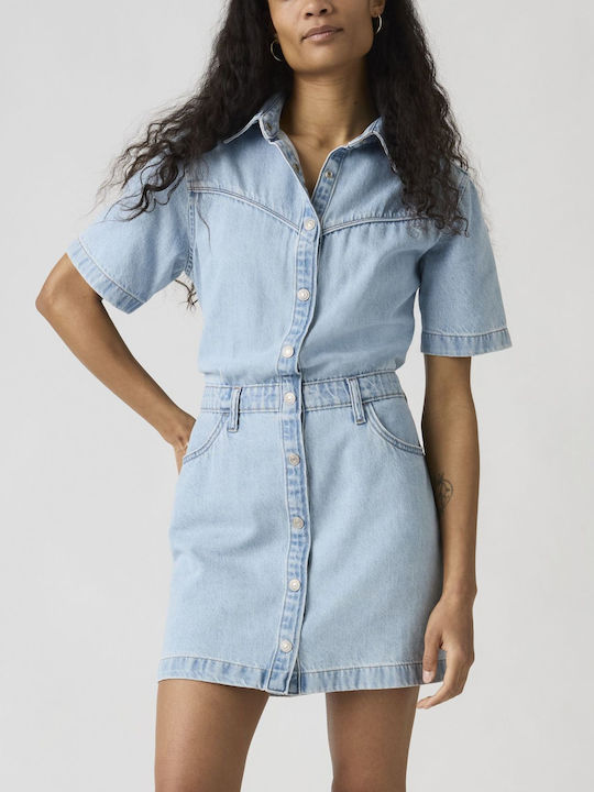 Western Summer Mini Shirt Dress Denim Blue