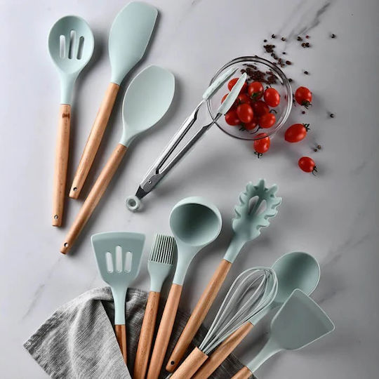 Cooking Utensil Set Made of Silicone With Stand 12 Pieces Green