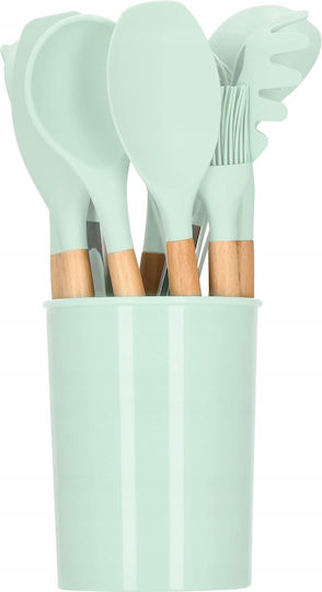 Cooking Utensil Set Made of Silicone With Stand 12 Pieces Green