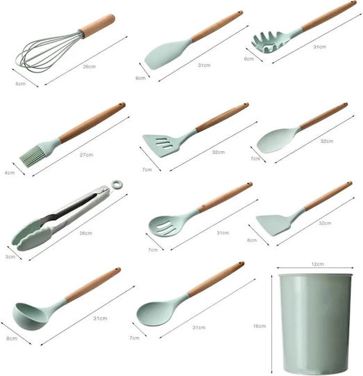 Cooking Utensil Set Made of Silicone With Stand 12 Pieces Green