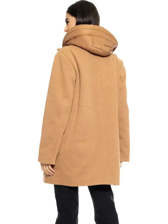 Palton Damă Camel cu Glugă