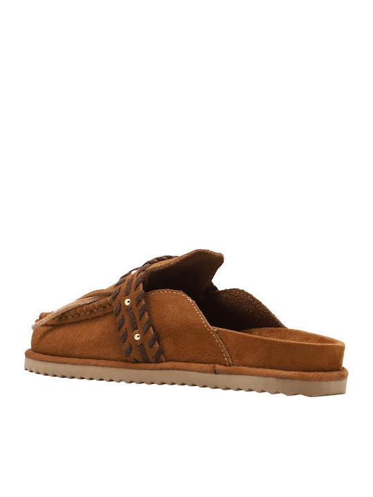 Flat Suede Mules In Tabac Brown Color