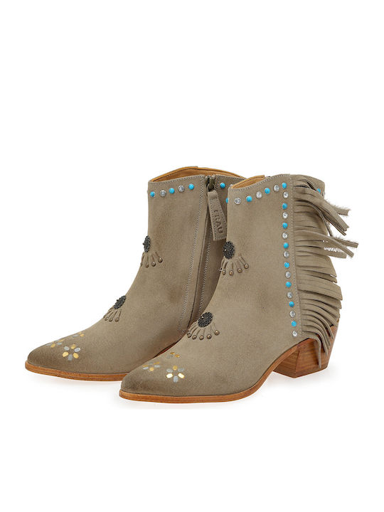 Suede Women's Ankle Boots with Medium Heel Beige