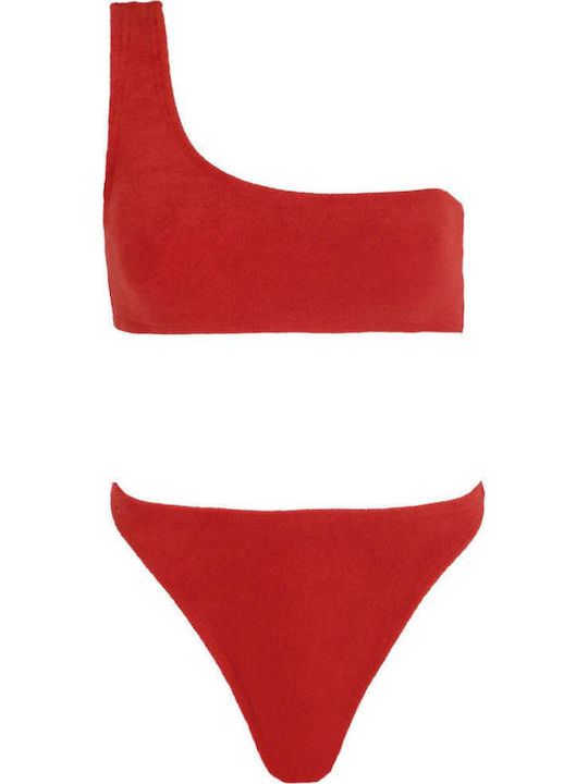 Bikini Set One Shoulder Top & Slip Bottom Terry Red