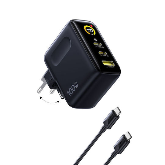 Baseus GaN Charger with USB-A Port and 2 USB-C Ports and USB-C - USB-C Cable 100W Power Delivery Black (PicoGo AE21)