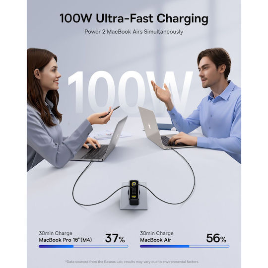 Baseus GaN Charger with USB-A Port and 2 USB-C Ports and USB-C - USB-C Cable 100W Power Delivery Black (PicoGo AE21)