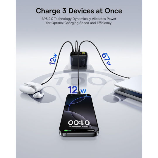 Baseus GaN Charger with USB-A Port and 2 USB-C Ports and USB-C - USB-C Cable 100W Power Delivery Black (PicoGo AE21)