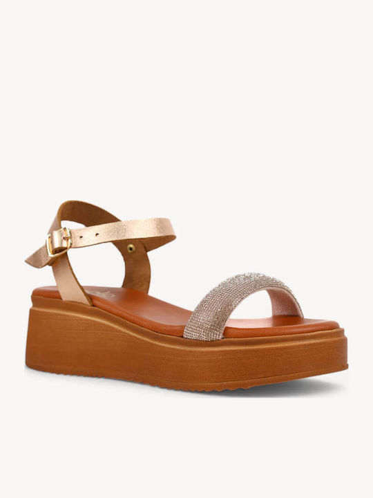 Bronzefarbene Flache Sandalen für Damen aus Leder mit Knöchelriemen und Glitzereffekt