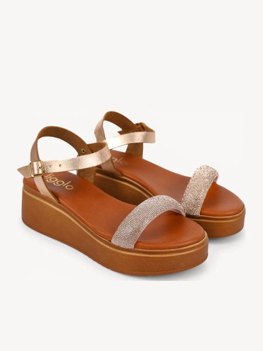 Bronzefarbene Flache Sandalen für Damen aus Leder mit Knöchelriemen und Glitzereffekt