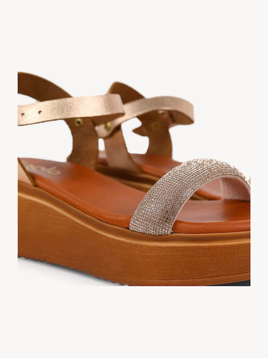 Bronzefarbene Flache Sandalen für Damen aus Leder mit Knöchelriemen und Glitzereffekt