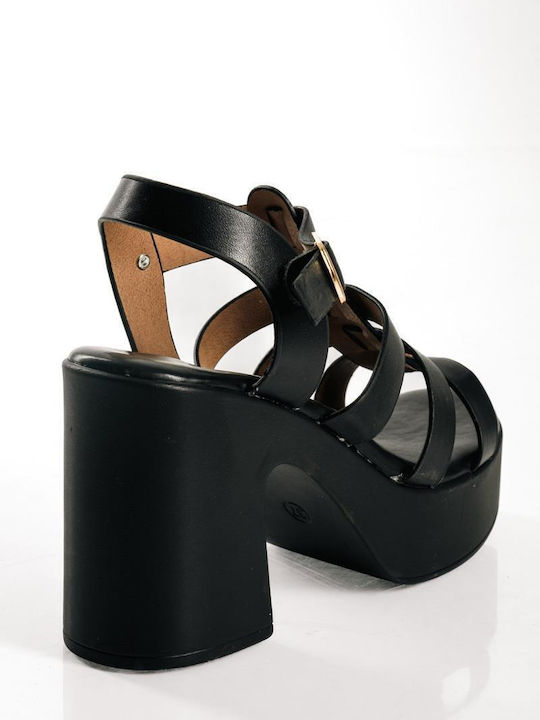Sandale Elegante Damă Negre Cu Multiple Curele Toc Gros