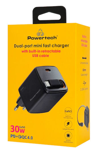 Powertech Charger with Built-in GaN Cable with USB-C Port USB-C 30W Power Delivery Quick Charge 2.0 Quick Charge 3.0 Quick Charge 4.0 Black (PT-1571)