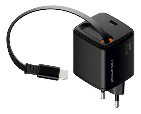 Powertech Charger with Integrated GaN Cable with USB-C Port USB-C 65W Power Delivery / Quick Charge 2.0 / Quick Charge 3.0 / Quick Charge 4.0 Black (PT-1573)