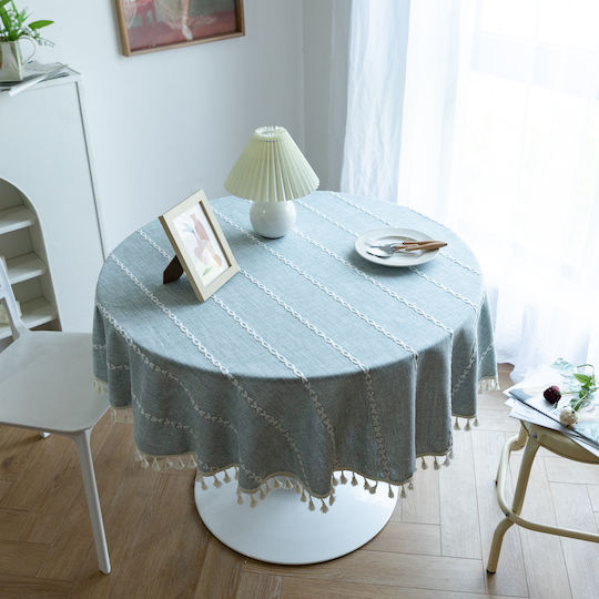 FRIPIA Tablecloth Rotunda Linen With Gray Embroidery Φ160cm