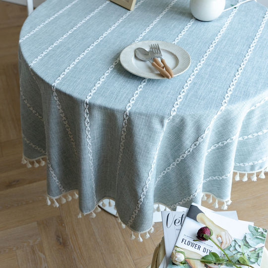 FRIPIA Round Linen Tablecloth With Gray Embroidery Φ180cm