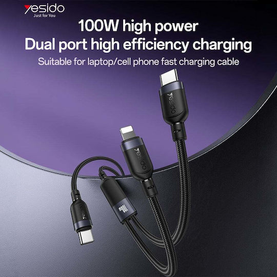Yesido Плетен USB към Type-C / Lightning кабел Черен 1.2m