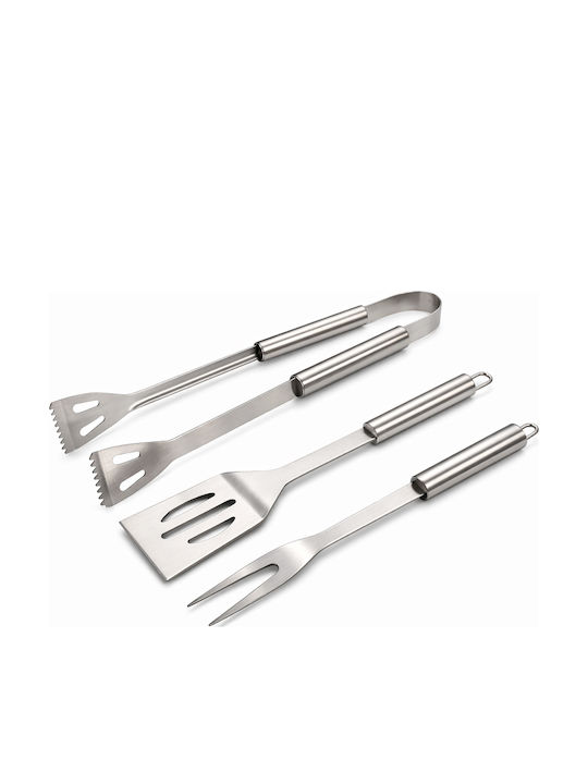 Set 3 Stainless Steel Grilling Utensils Spatula Fork Tongs Case