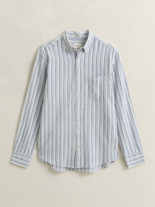 Reg Long Sleeve Linen Shirt in Regular Fit Striped Light Blue