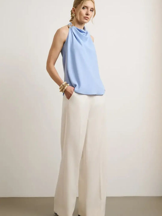 Women's High Rise Fabric Trousers Ecru