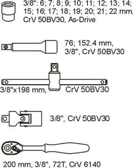 Yato Set de chei tubulare și clichet 3\8" 22buc