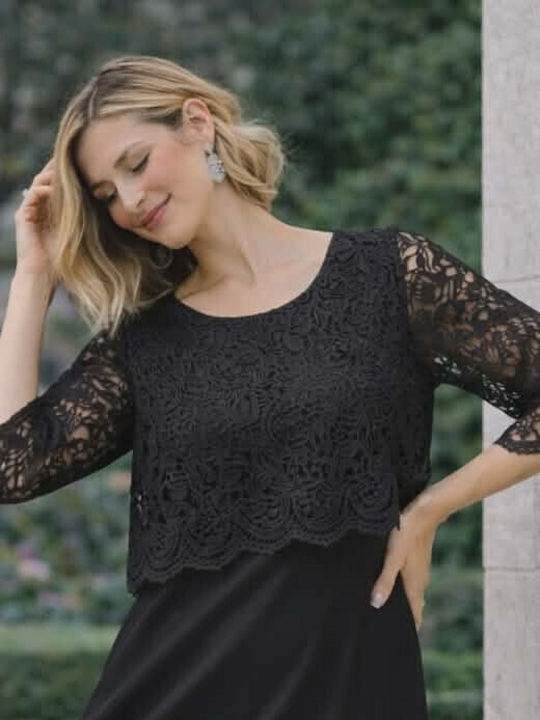 Midi Abendkleid mit Spitze & Masche Schwarz