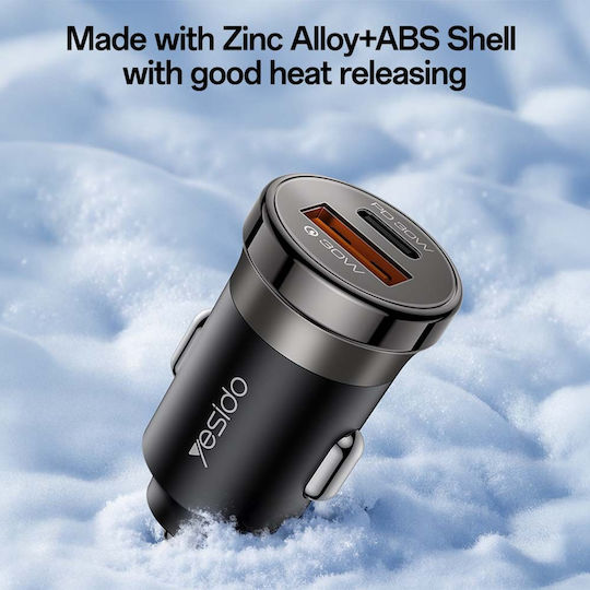 Yesido Y73 Handy-Autoladegerät 30W 3A Schnellladen mit Anschlüssen 1xUSB 1xType-C zusammen mit Lightning Kabel Schwarz