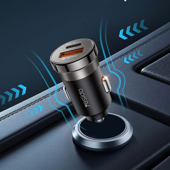Yesido Y73 Handy-Autoladegerät 30W 3A Schnellladen mit Anschlüssen 1xUSB 1xType-C zusammen mit Lightning Kabel Schwarz