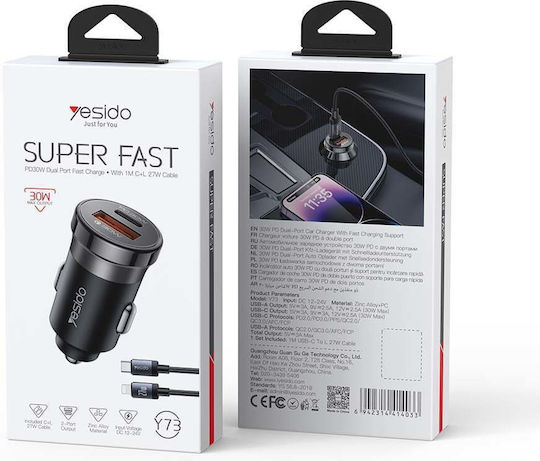 Yesido Y73 Handy-Autoladegerät 30W 3A Schnellladen mit Anschlüssen 1xUSB 1xType-C zusammen mit Lightning Kabel Schwarz
