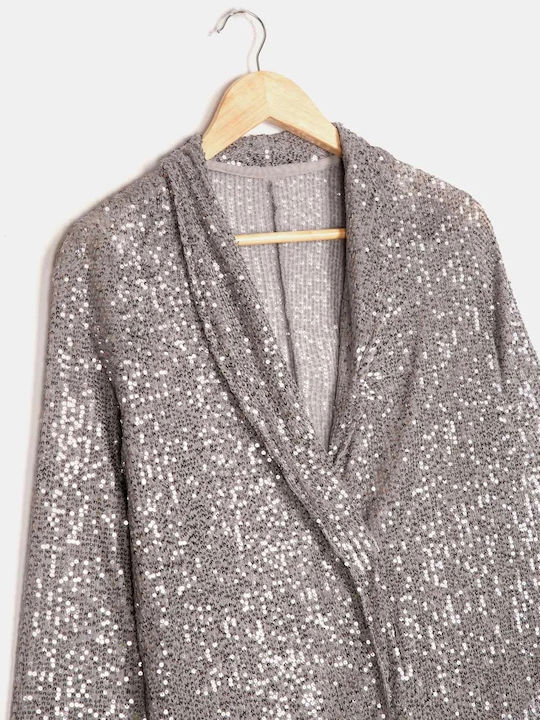 Short Kimono Blazer with Silver Sequins Size XL Silver