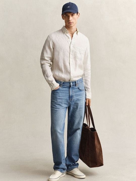 Reg Long Sleeve Linen Shirt in Regular Fit Beige
