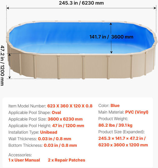 Vevor Film Adeziv Pentru Piscină Albastră 623x360x120cm