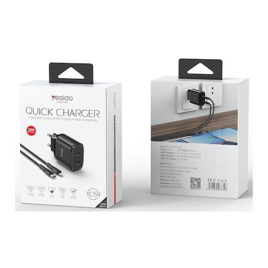 Yesido Charger with 2 USB-C Ports and USB-C - Lightning Cable 20W Power Delivery Black (YC54)