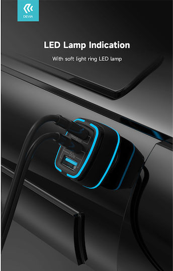 Devia Extreme Auto-Ladegerät 115W Schnellladung mit Anschlüssen: 1xUSB 2xType-C Schwarz Farbe