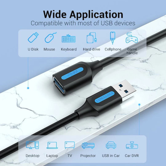 Vention USB 3.0 Кабел USB-A Мъжки - USB-A Женски Черен 1м CBHBF
