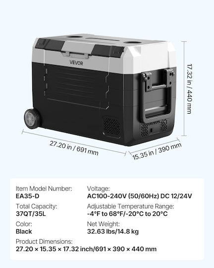 Vevor Φορητό Ψυγείο 35lt 100-240V / 12V / 24V Μαύρο