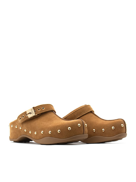 Pescura Suede Mules with High Heel in Tabac Brown Colour