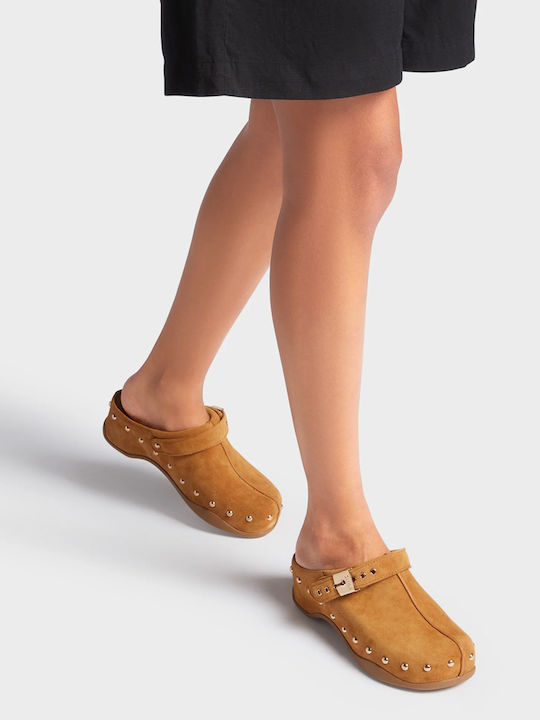 Pescura Suede Mules with High Heel in Tabac Brown Colour