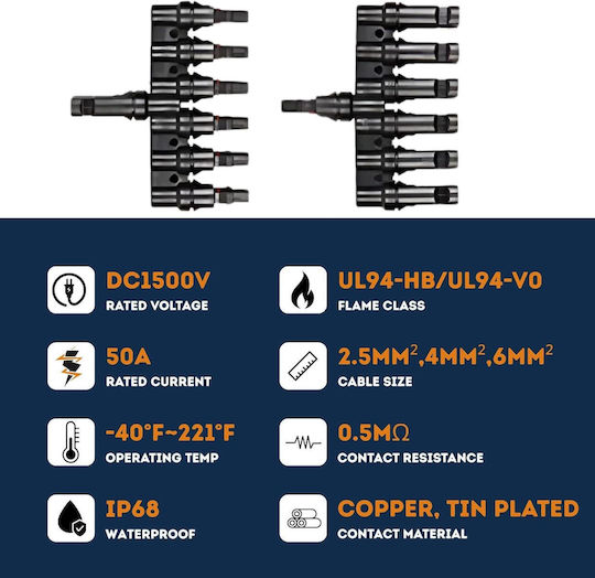 Conector Solar MC4 Splitter Tip T 1 La 6 – Pereche M→ffffff + F→mmmmmm 1500V DC 50A IP68 Material PPO Rezistent UV Cablu 2.5 mm2 4 mm2 6 mm2 – Onuvio