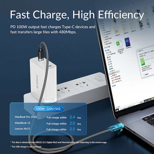 Orico Braided USB 2.0 Cable USB-C Male - USB-C 100W Black 1m C2CZ-10-BK-BP