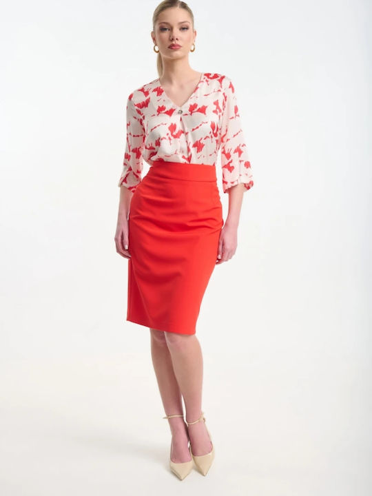Women's Satin Blouse with 3/4 Sleeve & V-Neckline Coral