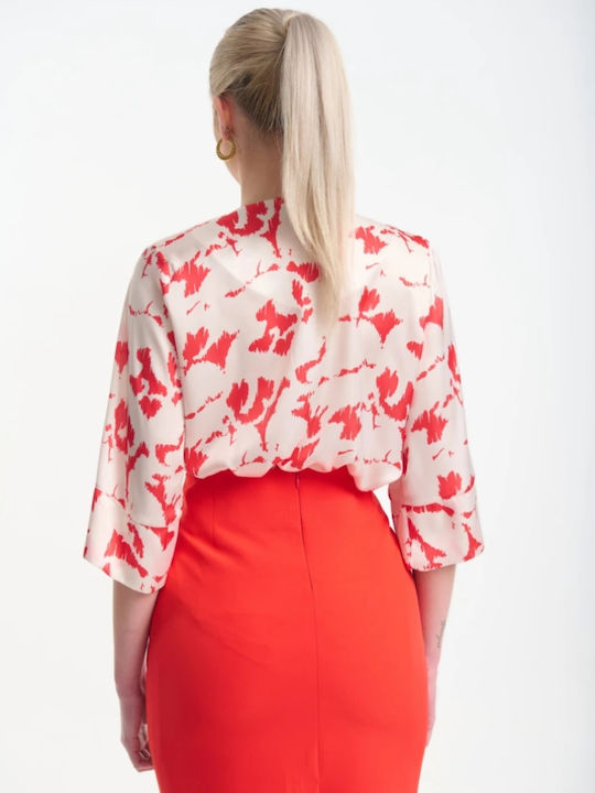 Women's Satin Blouse with 3/4 Sleeve & V-Neckline Coral