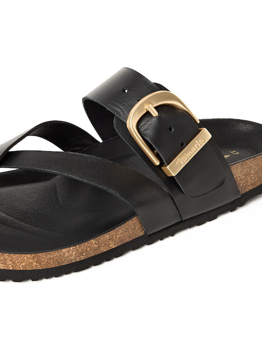 Damentliche Leder Flache Sandalen Schwarz