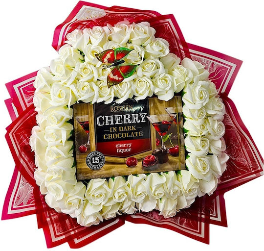 Premium Heart White Bouquet In Heart Shape 61 Soap Roses Cherry Candies In Dark Chocolate 50 Cm