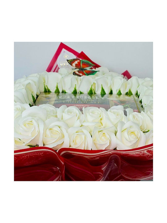 Buchet Alb Premium Inimă În Formă De Inimă 61 Trandafiri Săpun Bomboane De Cireșe În Ciocolată Neagră 50 Cm