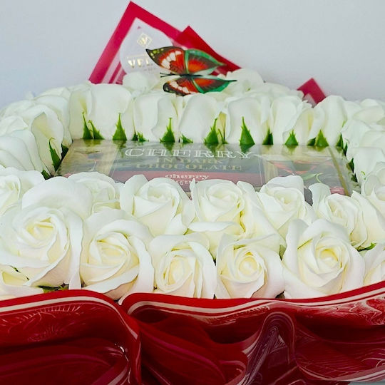 Premium Heart White Bouquet In Heart Shape 61 Soap Roses Cherry Candies In Dark Chocolate 50 Cm