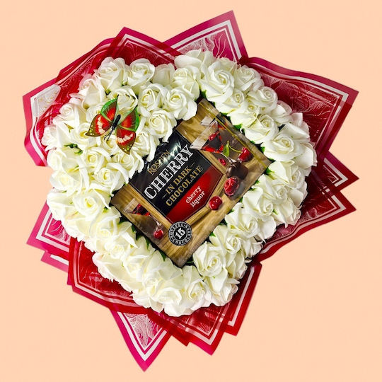 Premium Heart White Bouquet In Heart Shape 61 Soap Roses Cherry Candies In Dark Chocolate 50 Cm