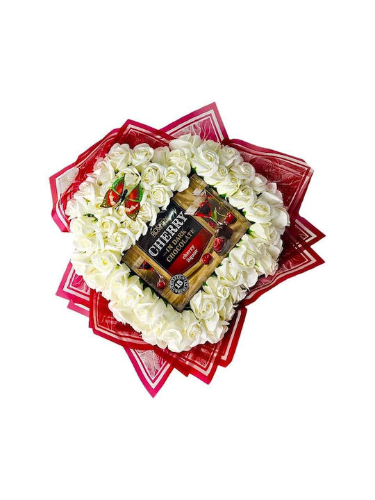 Buchet Alb Premium Inimă În Formă De Inimă 61 Trandafiri Săpun Bomboane De Cireșe În Ciocolată Neagră 50 Cm