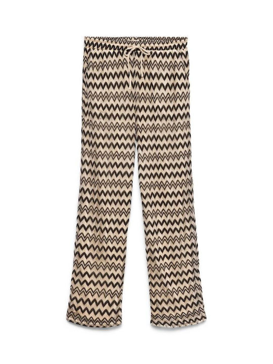 Women's High Rise Fabric Trousers in Wide Leg Style Black / Beige