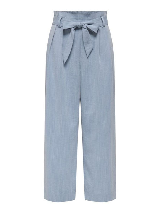 Solid Women's High Waist Fabric Flared Pants in Paperbag Fit Blue