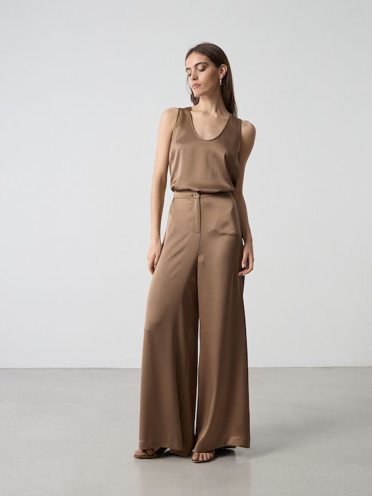 Pantaloni Largi Satinată Dama cu Elastic Moka